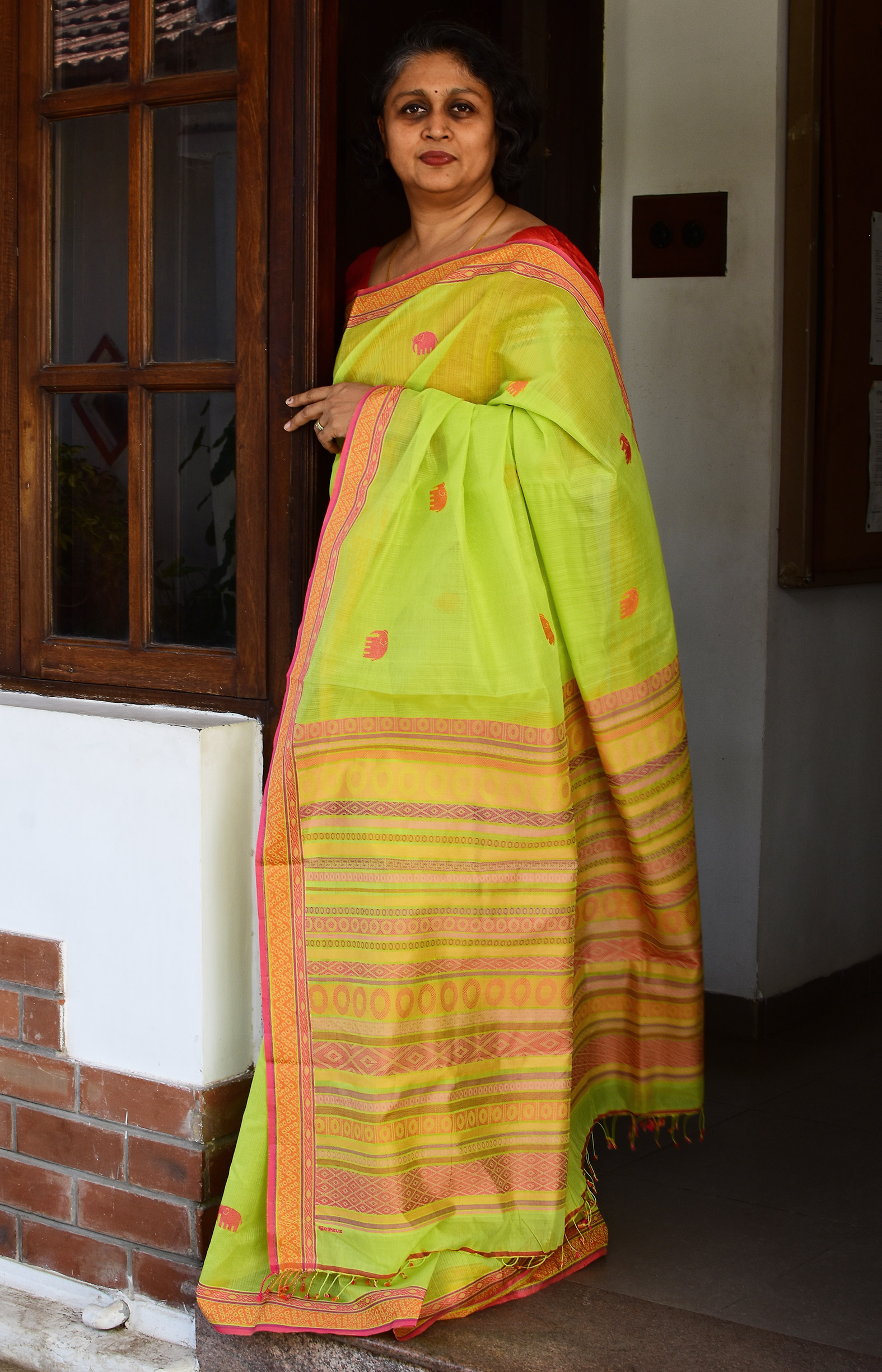 Greenish Yellow, Handwoven Organic Cotton, Textured Weave , Jacquard, Work Wear, Butta Saree